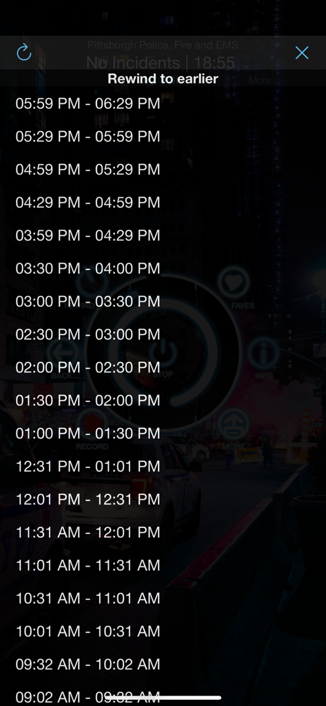 A menu showing past time intervals for listening to archived police and fire radio broadcasts