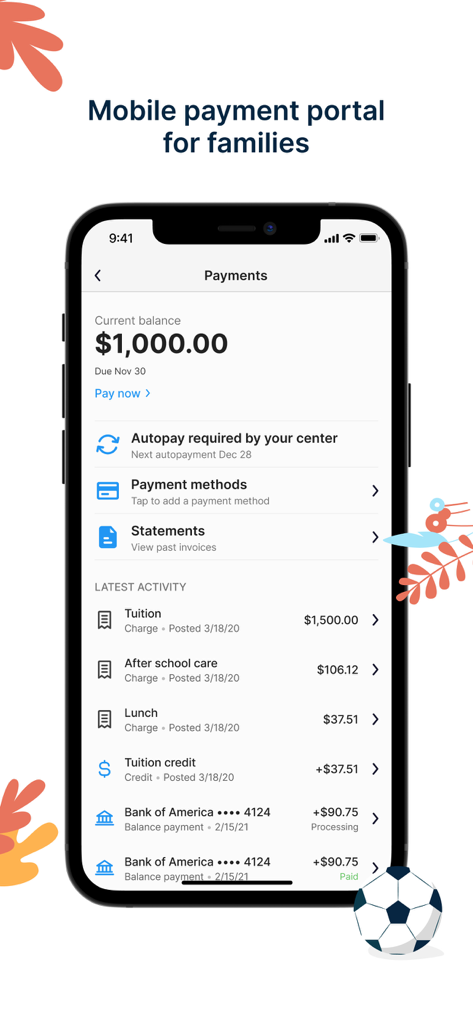 Playground: Child Care App - Portal de pago móvil para familias en la aplicación Playground que muestra el saldo de la matrícula y la actividad de facturación