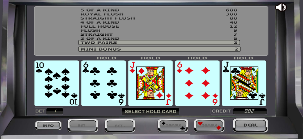 Video-Poker-Spieloberfläche mit einem Blatt mit zwei Paaren, die gehalten werden, und der Auszahlungstabelle darüber