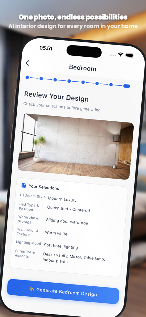 AI Home Design  Interior Decor - Review screen in AI Home Design app showing bedroom style and furniture selections before generating a new interior design