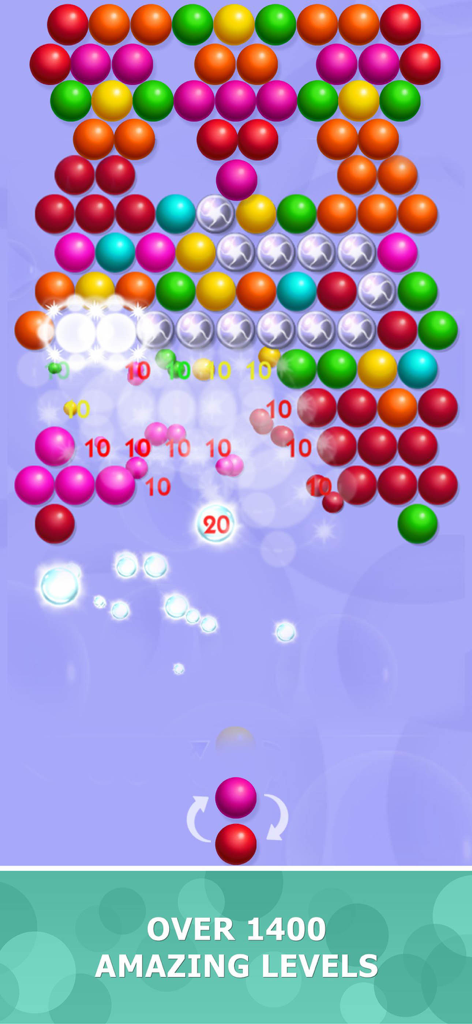 Bubble shooter gameplay screen with colorful bubbles popping and text mentioning over 1400 levels