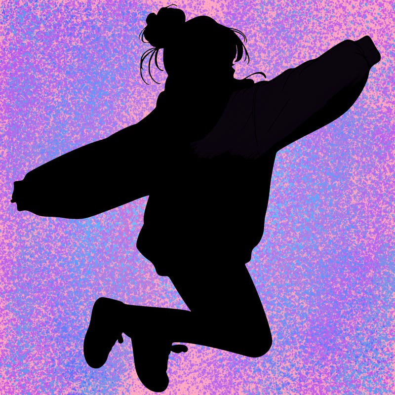 realistic girl jumping with a bun and oversized sweatshirt