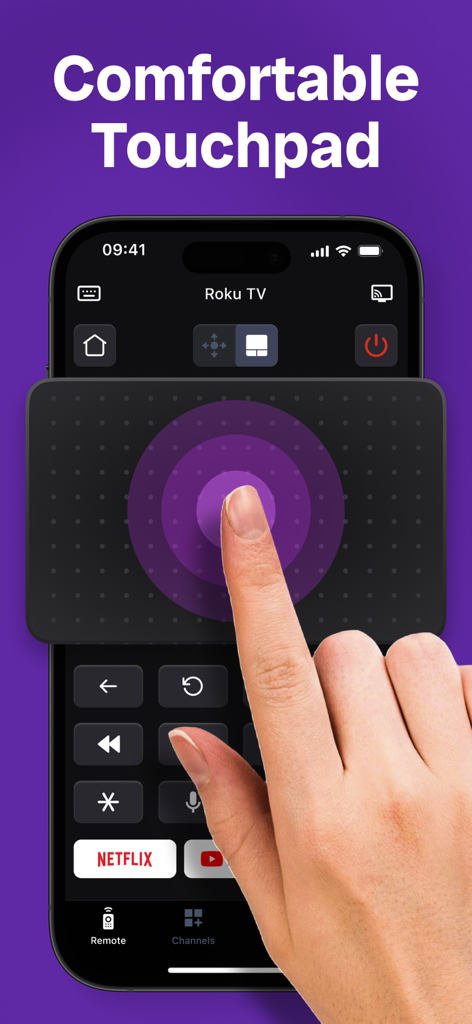 A hand using the large circular touchpad on a smartphone to control a Roku TV through the TV Remote app