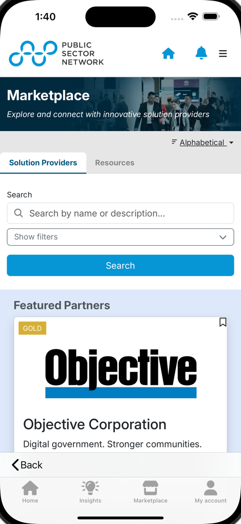 Marketplace screen of the Public Sector Network app featuring search filters and solution providers for government professionals.