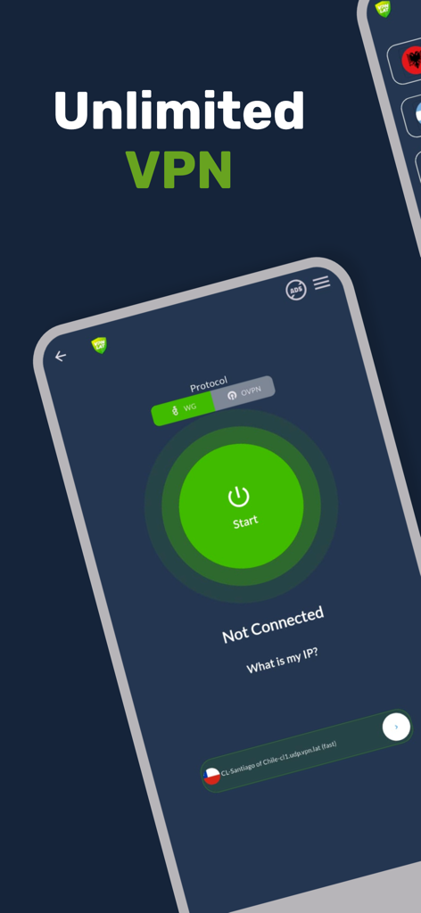 VPN.lat: unlimited and secure - VPN latアプリのインターフェース。無制限接続とプロトコル選択オプションの開始ボタンが表示されています。