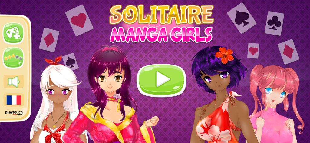 Solitaire Manga Girls - Title screen of Solitaire Manga Girls featuring four anime characters and a play button
