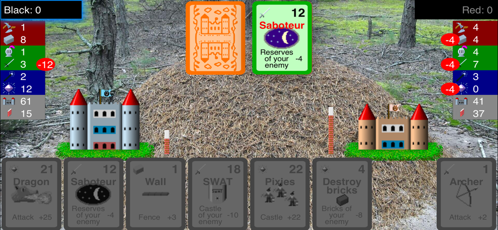 Mravenci - Captura de pantalla del juego móvil de estrategia de cartas Mravenci mostrando una batalla de cartas entre dos castillos de hormigas