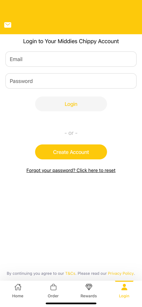 Middies Chippy - Login screen for the Middies Chippy app showing email and password fields and a create account button