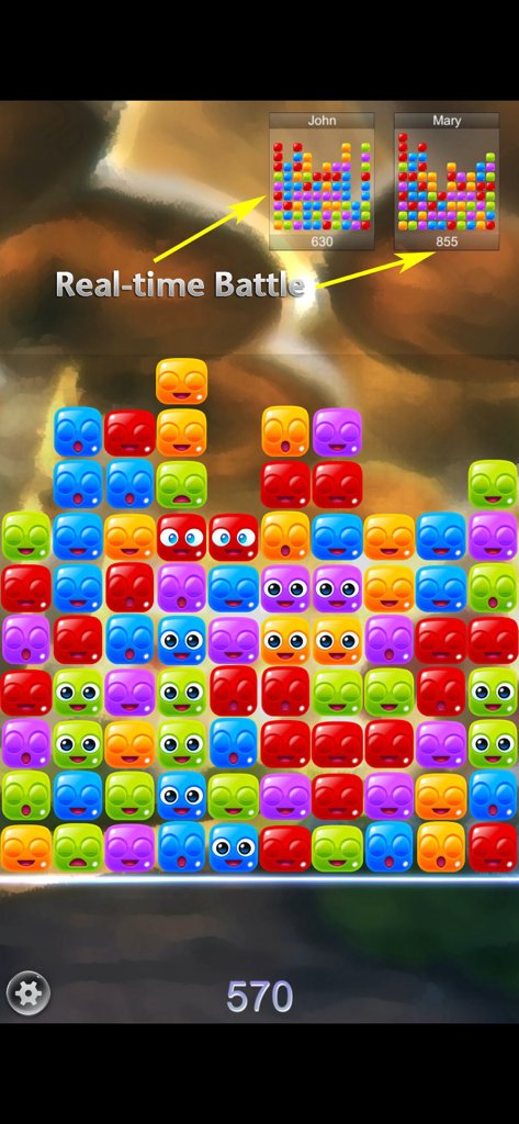 Crush the Jelly - Net PvP - Gameplay screenshot of Crush the Jelly showing a real-time WiFi battle between two players with colorful jelly blocks