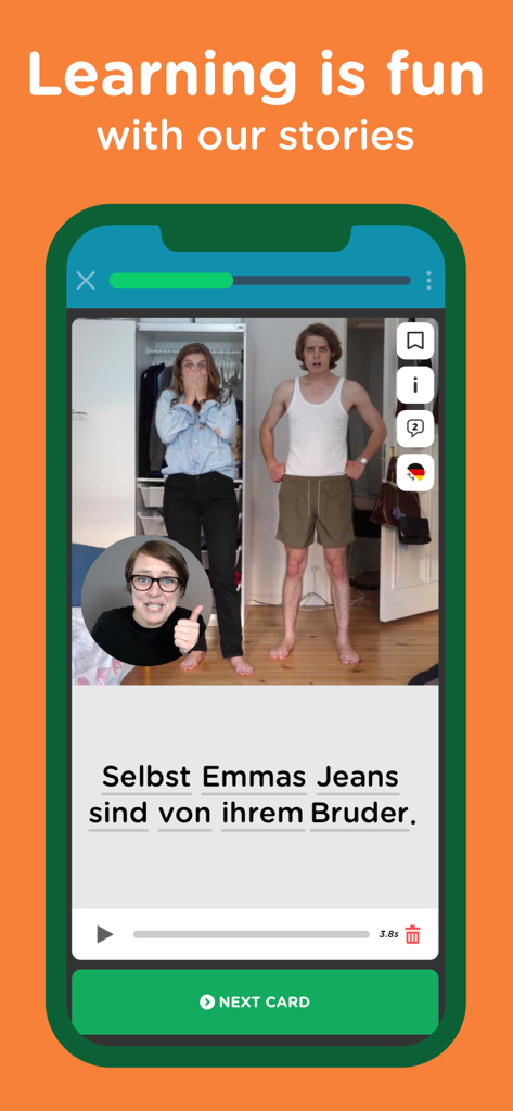 Seedlang app interface showing a video based German language lesson with native speakers and subtitles