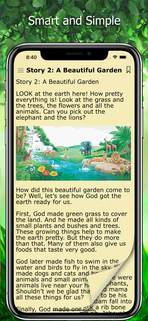 Bible Stories in English New - Mobile app screenshot displaying a children's Bible story about the creation of a beautiful garden with illustrations of animals and nature