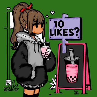 girl with oversized hoodie drinking boba and she has a high ponytail with a sign that says 10likes?