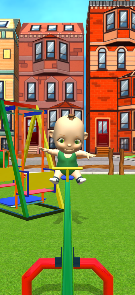 My Baby Babsy - Playground Fun - Baby Babsy sitting on a green seesaw in a 3D virtual playground