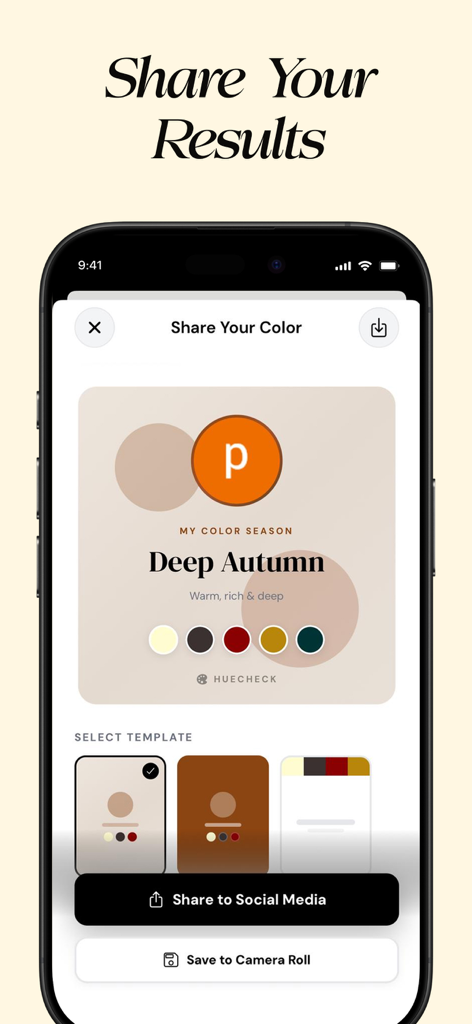 HueCheck: Color Analysis AI - HueCheck app screen showing a shareable Deep Autumn color season results card with social media export options