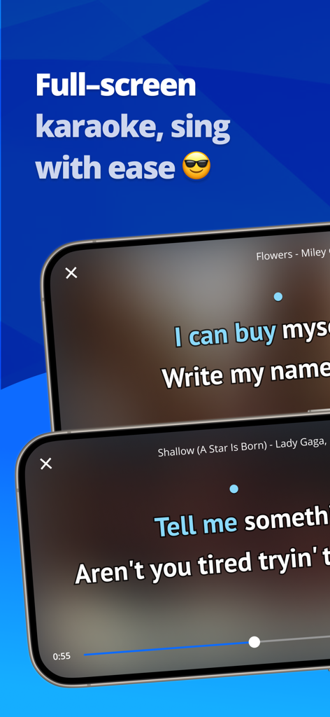 iSing: Sing & Record Karaoke - A mobile phone displaying the iSing app fullscreen karaoke player with synchronized lyrics