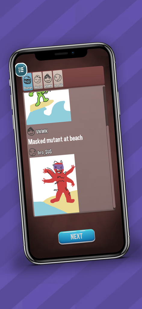 Drawing Phone | Draw & Guess - Pantalla de resultados del juego en Drawing Phone que muestra una secuencia de dibujos e indicaciones de texto entre jugadores.