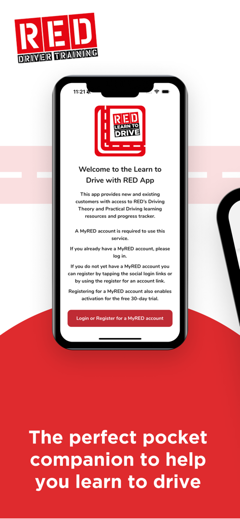 Learn to Drive with RED - Welcome screen of the Learn to Drive with RED mobile app