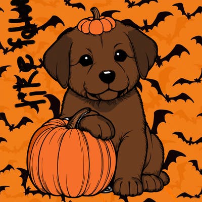 a realistic puppywith a pumpkin on his head