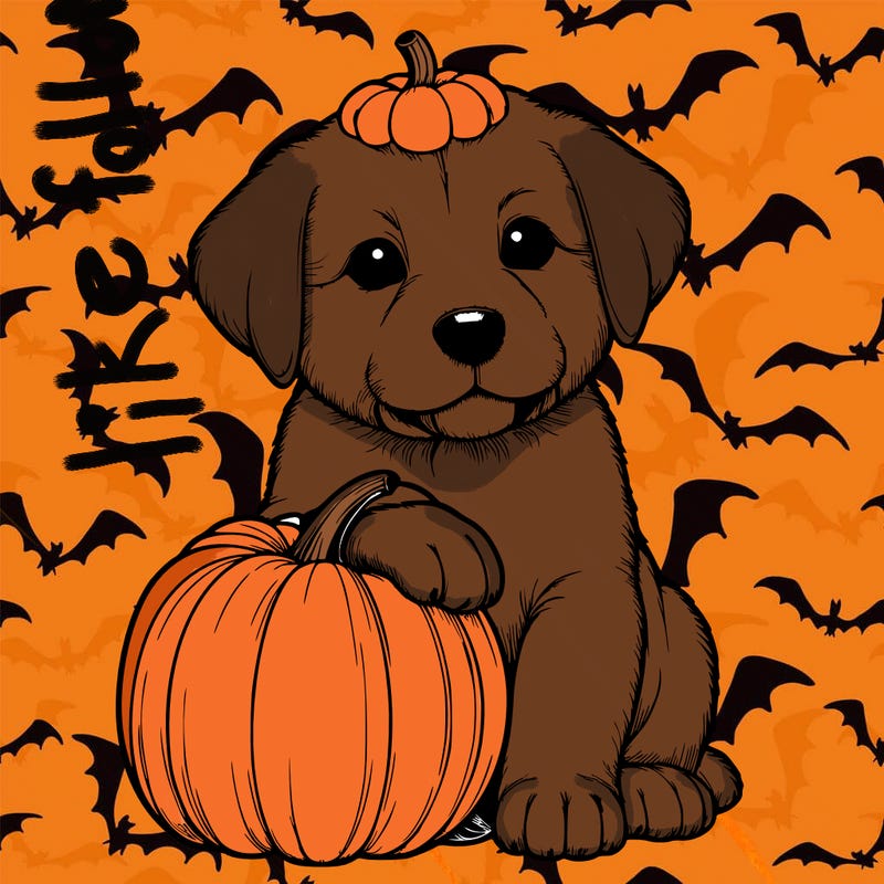 a realistic puppywith a pumpkin on his head