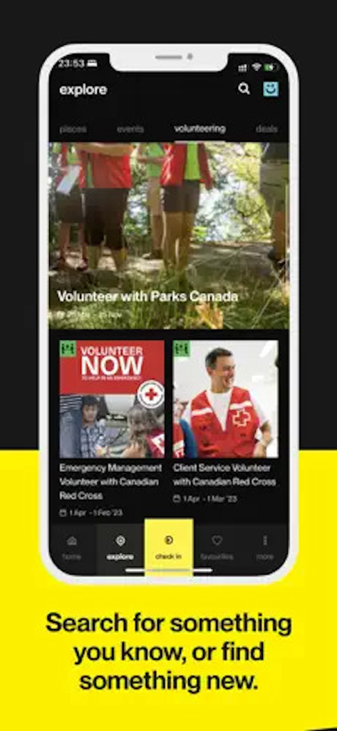 Canoo - Canoo 앱 탐색 화면으로, 국립공원관리청 및 캐나다 적십자사와의 자원봉사 기회를 보여줍니다.