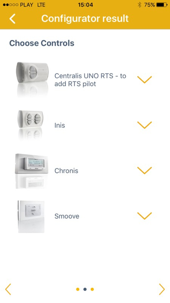 Somfy app screen for choosing motorized curtain controls including RTS and Smoove switches