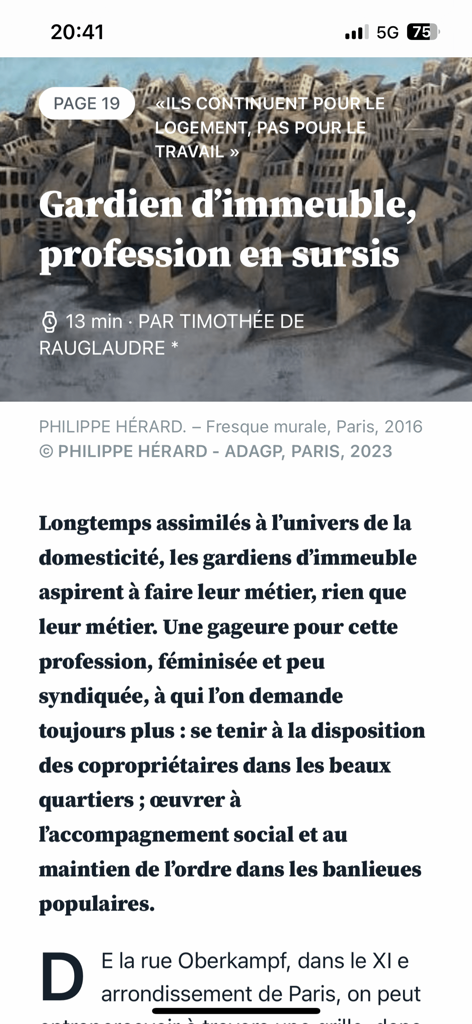 Digital reading view of a French article in the Le Monde diplomatique app titled Gardien d'immeuble, profession en sursis.