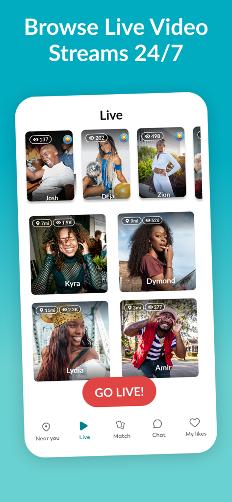 Tagged Dating: Chat & Go Live! - Tagged dating app interface showing live video streams of diverse community members