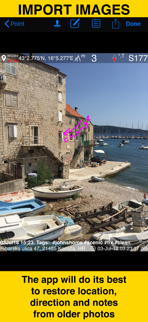 GPS Camera 55. Field Survey - Screenshot demonstrating the restoration of location and notes from older photos imported into the GPS Camera 55 app