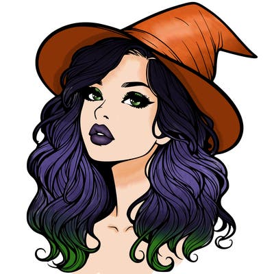 realistic witch girl with wavy hair and lips