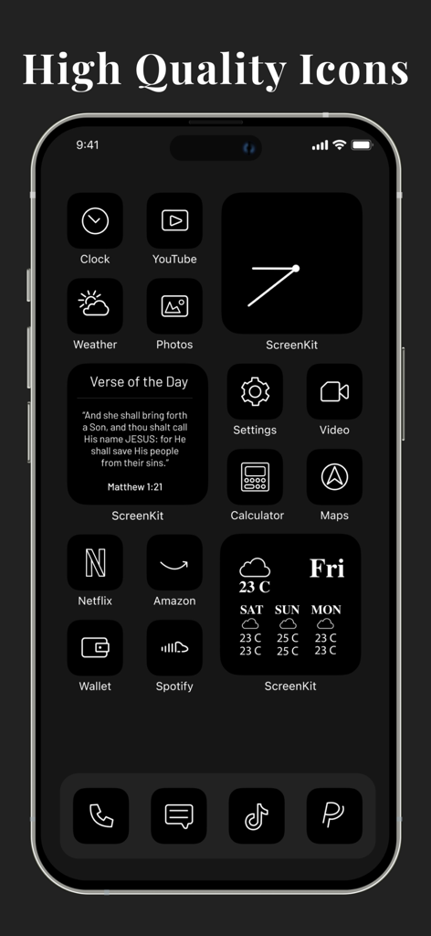 Pantalla de inicio de iPhone con iconos y widgets estéticos oscuros minimalistas