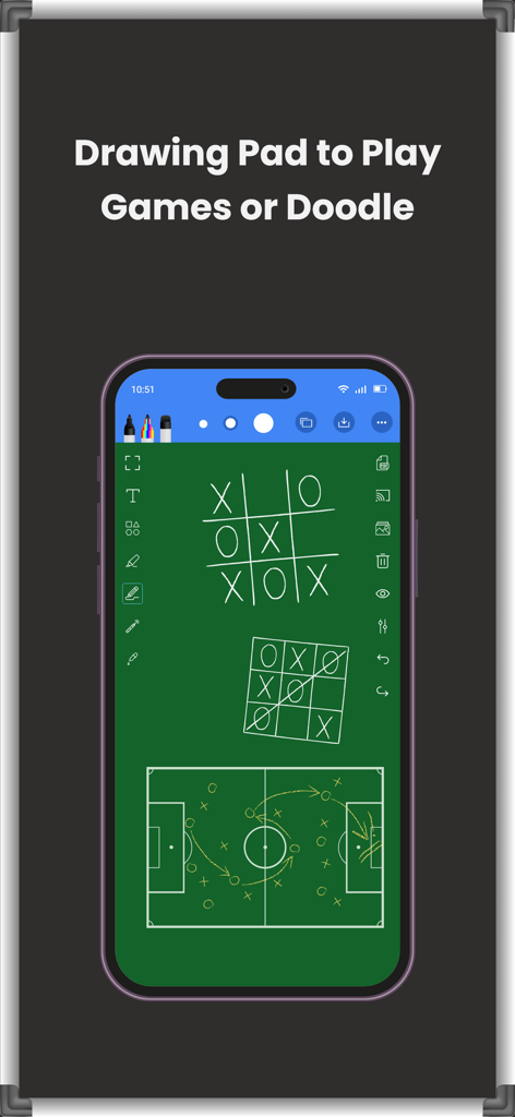Drawing and Writing Whiteboard - The Drawing and Writing Whiteboard app showing tic tac toe and a soccer field strategy on a greenboard interface.