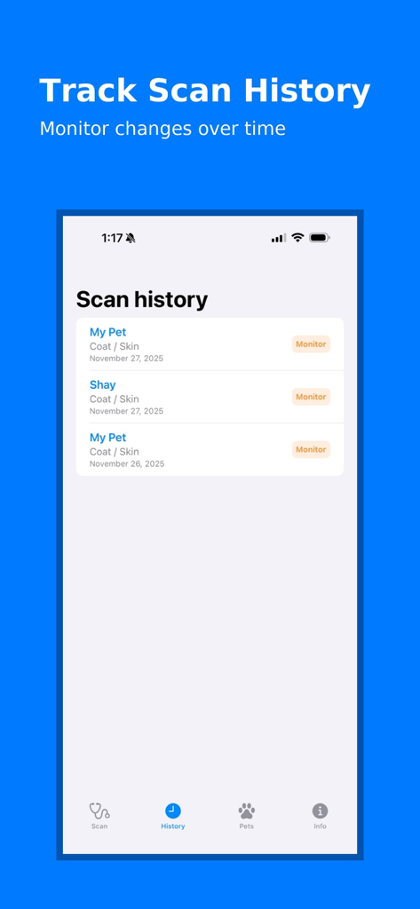 PawScan AI - PawScan AI アプリの画面。ペットの健康スキャン履歴とステータスを表示。