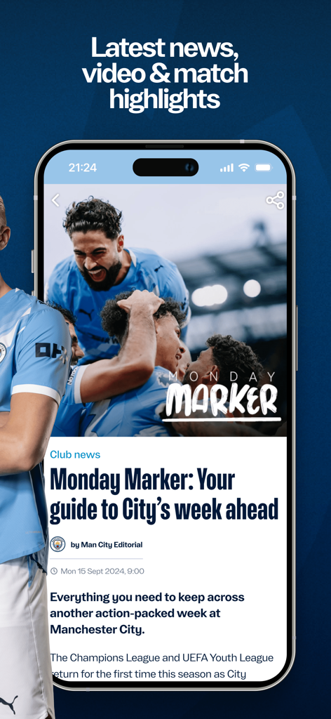 Manchester City Official App - Die offizielle Manchester City App zeigt die neuesten Clubnachrichten und Spiel-Highlights auf einem Smartphone-Bildschirm