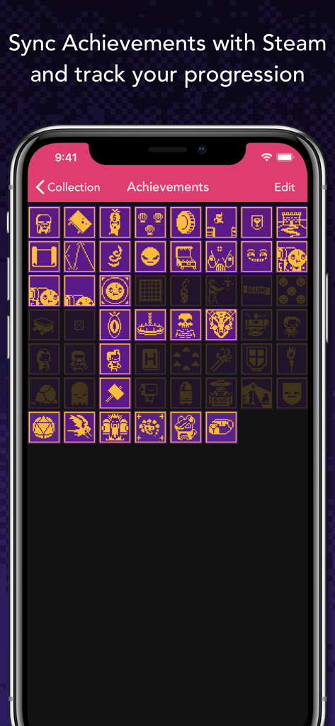 Guide for Enter the Gungeon - Achievement tracking screen in the Guide for Enter the Gungeon app showing Steam sync and progression