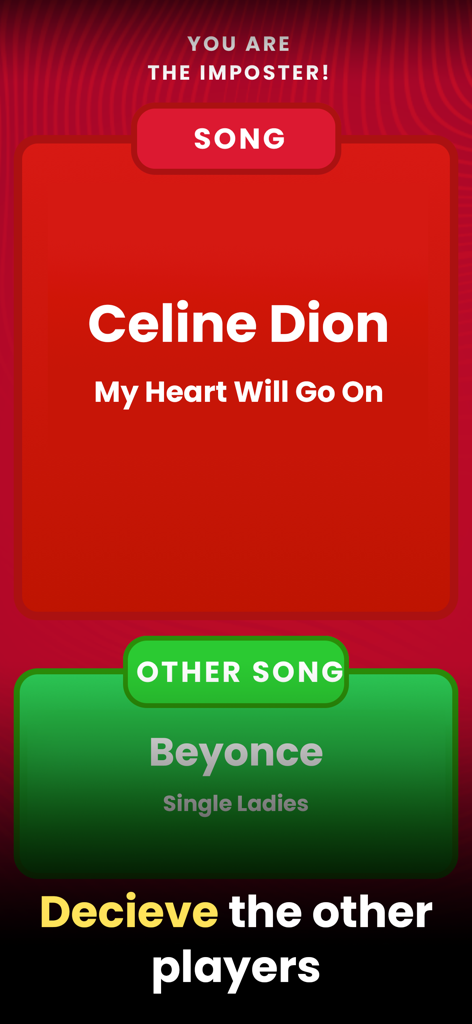 Who Is The Imposter? - Tela de jogabilidade mostrando a função de impostor com faixas de música no jogo de dança Quem É O Impostor.