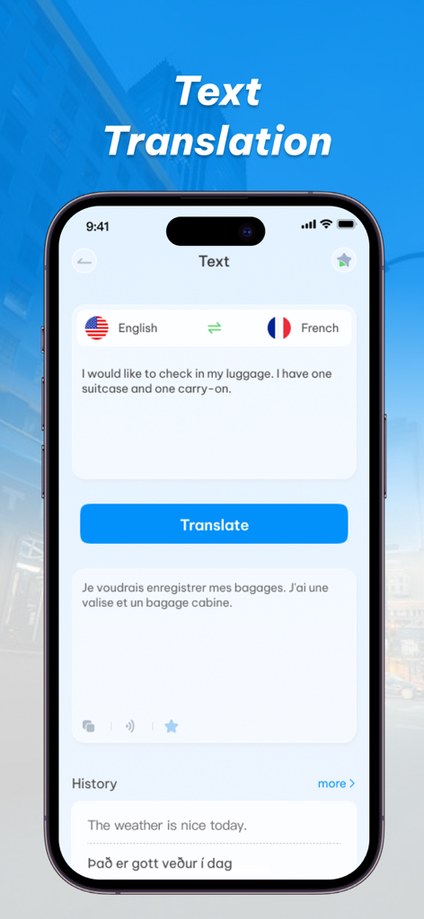 SpeakEasy Translator - SpeakEasy Translator app interface showing an English to French text translation for checking in luggage