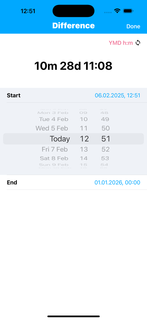 Interfaccia dell'app CalT che mostra il calcolo della differenza di tempo tra due date specifiche