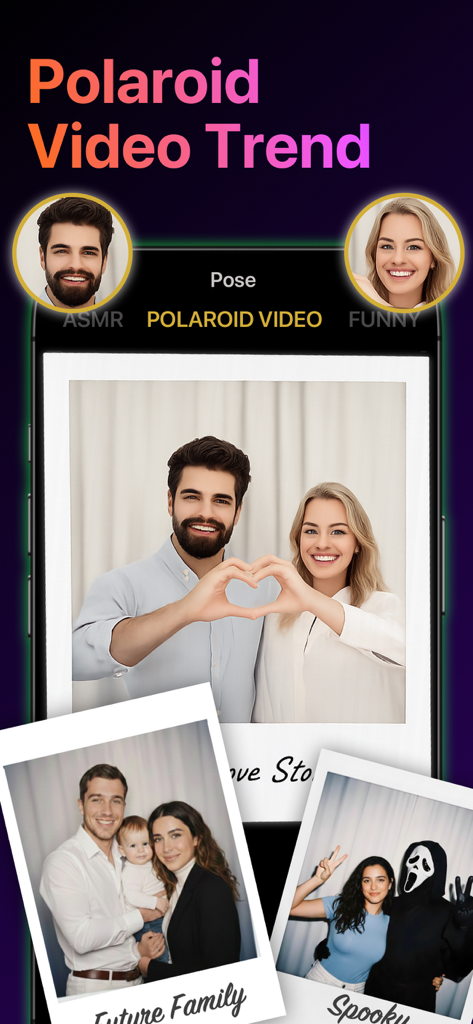 Interfaz que muestra la función de tendencia de video Polaroid donde los usuarios pueden generar videos de IA de parejas en diferentes escenarios.