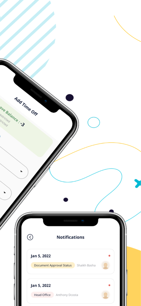 PeopleQlik HR System - Two mobile screens of the PeopleQlik HR System app showing a time off request interface and a list of HR notifications.