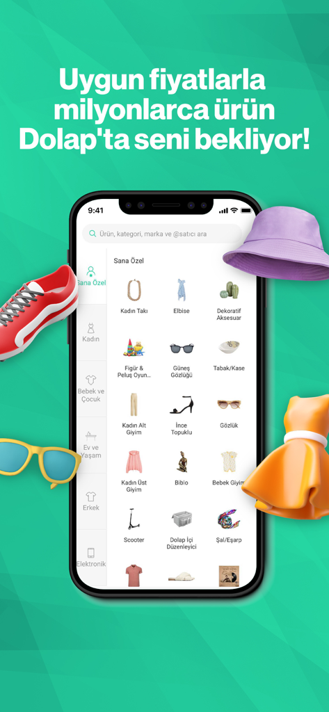 Dolap - İkinci El Alışveriş - Dolap mobile app screen showing shopping categories for used clothes and accessories