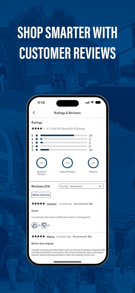 Screenshot of the My Exchange app's customer ratings and reviews section showing user feedback and product scores.