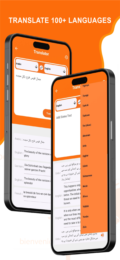 Speak & Translate All Language - Mobile screen showing translation from Arabic to English and a list of supported languages like Urdu and Turkish
