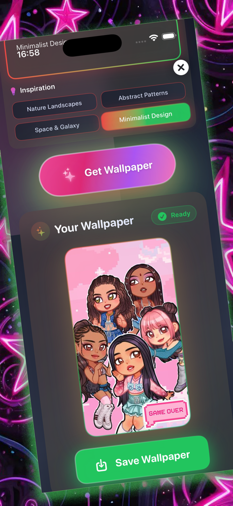 Katseye Wallpaper - Interface de l'application Katseye Wallpaper montrant un aperçu d'une illustration de groupe de style chibi avec un bouton de sauvegarde.