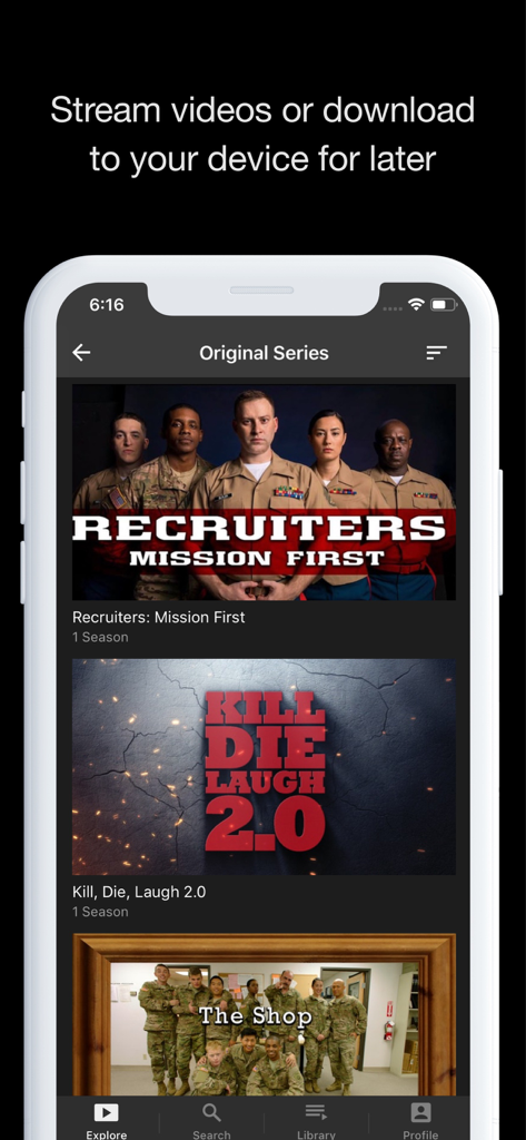 VET Tv app original series menu displaying military comedy shows like Recruiters and Kill Die Laugh.