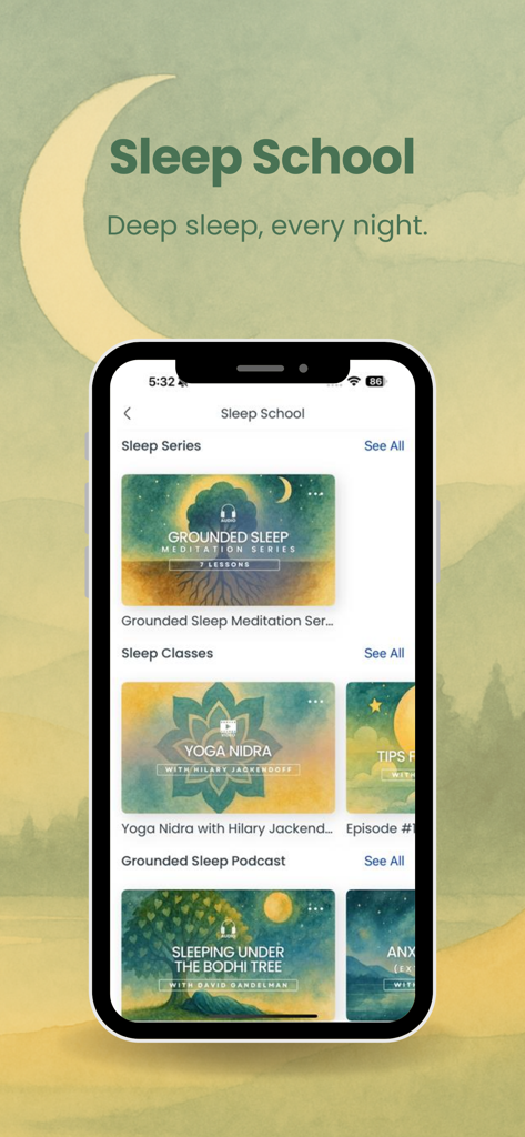 Interface de l'application Meditation School montrant la section Sleep School avec des méditations de sommeil ancrées et des cours de yoga nidra