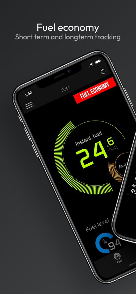 Smartphone screen showing fuel economy tracking and instant MPG data in the Hondata Complete app