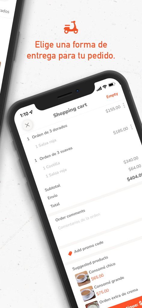 El Mexiquense - Mobile app screen showing a shopping cart with orders of tacos and lamb barbacoa from El Mexiquense.