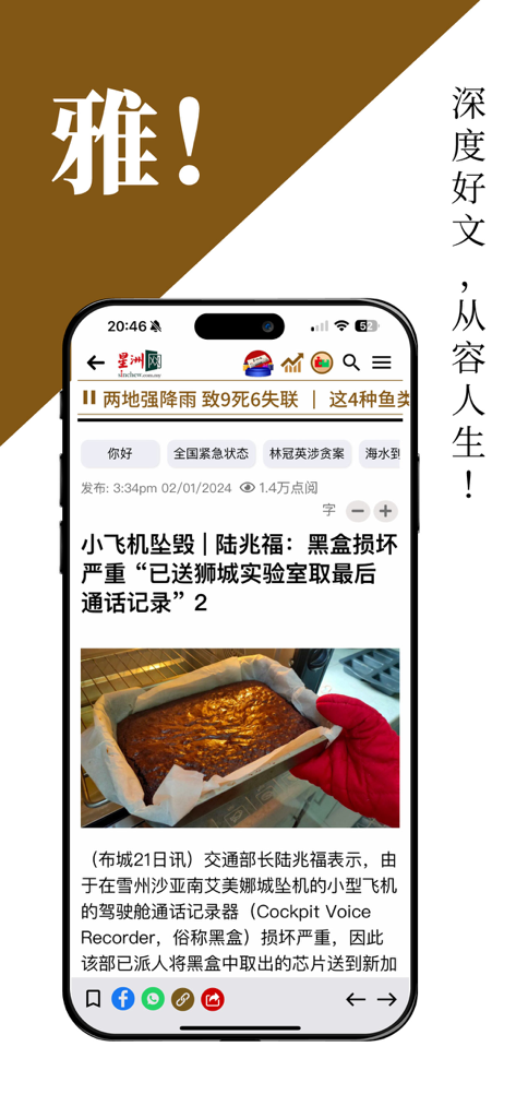 Sin Chew news app interface showing a Chinese language news article on a smartphone screen.
