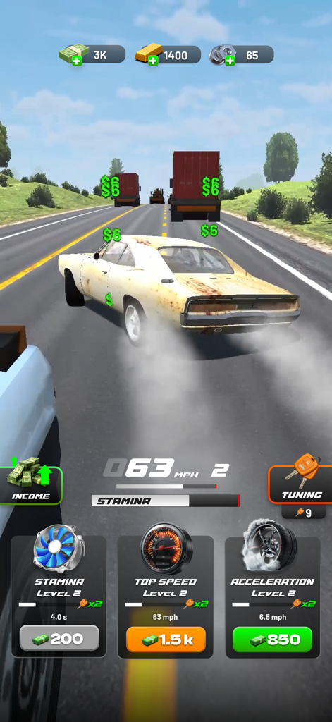 Highway Drift - Car Racing - Un muscle car derrapando en una autopista con opciones de ajuste y mejora del rendimiento del coche.