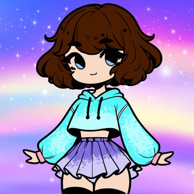 cute femboy with short, fluffy hair that softly frames their face, wearing a cropped hoodie, paired with a flouncy short skirt, and thigh-high stockings